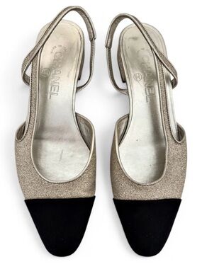 Chanel Metallic Silver Glitter Grosgrain Cap Toe CC Logo Slingback Flat EU 39